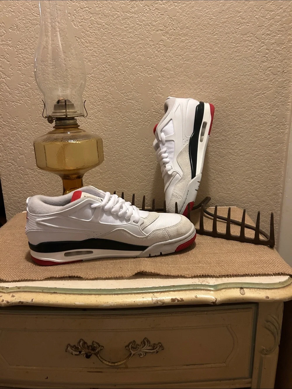 Jordan Low Top Sneakers in White, Black & Red Accents